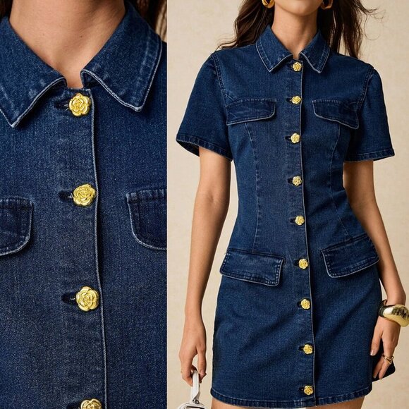 Dark Wash Casual Women's Denim Button-Up Mini Dress - Picture 1 of 7
